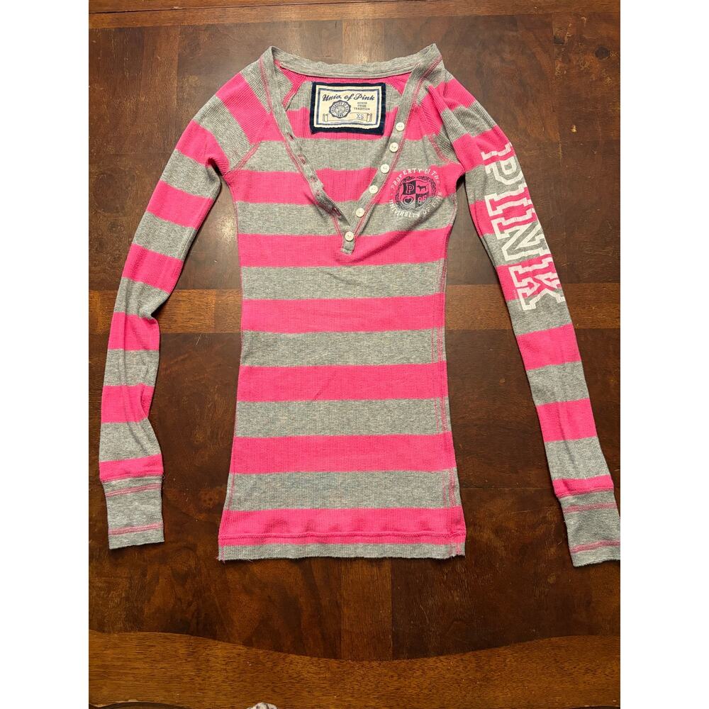 Trendy Y2K PINK Victoria’s Secret Univ of Pink Striped Henley XS Vintage